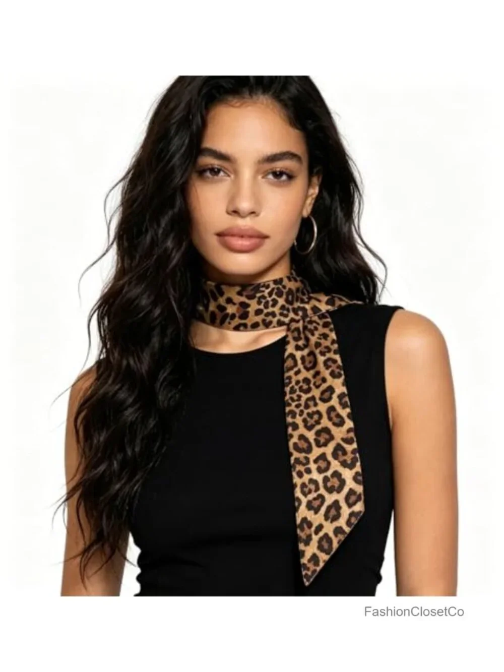 Long Thin Leopard Skinny Scarf for Women - Cheetah Printed Satin Ribbon Tie,